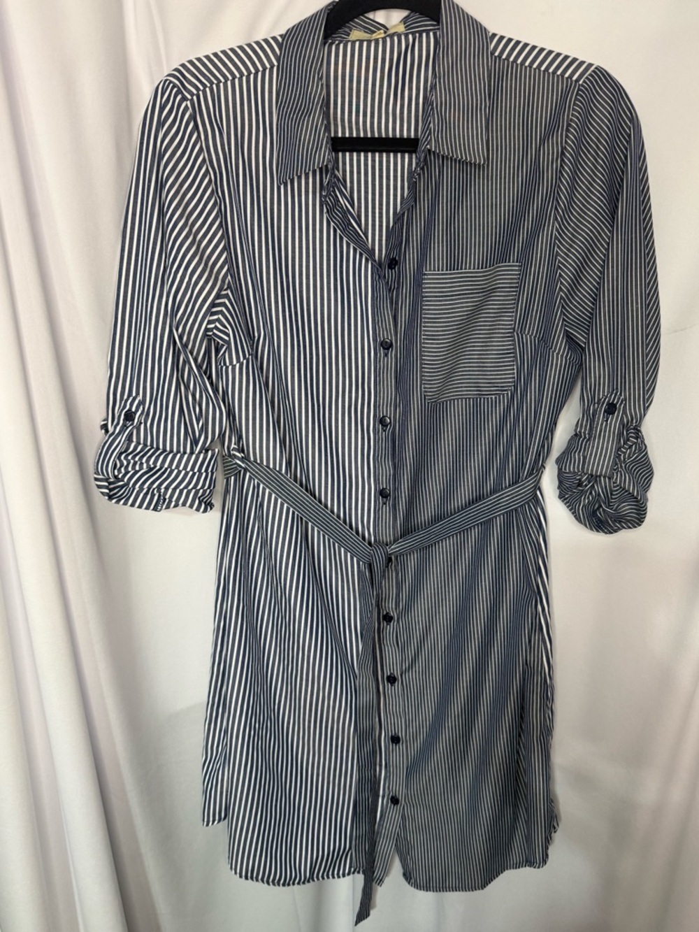 Love Notes Navy and White Striped Shirt Dress with Tie Waist
